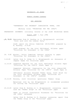 UNIVERSITY of ESSEX Albert Sloman Library SDP ARCHIVES “PARTNERSHIP for PROGRESS” CONSULTATIVE PAPER, 1986 (Working Title