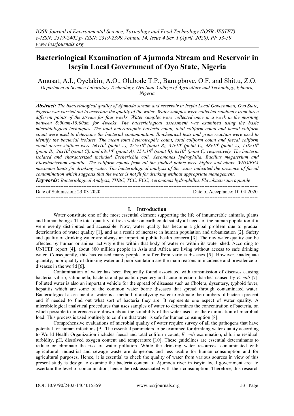 Bacteriological Examination of Ajumoda Stream and Reservoir in Iseyin Local Government of Oyo State, Nigeria