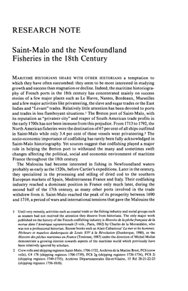 RESEARCH NOTE Saint-Malo and the Newfoundland Fisheries in The