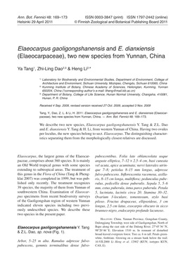 Elaeocarpus Gaoligongshanensis and E. Dianxiensis (Elaeocarpaceae), Two New Species from Yunnan, China