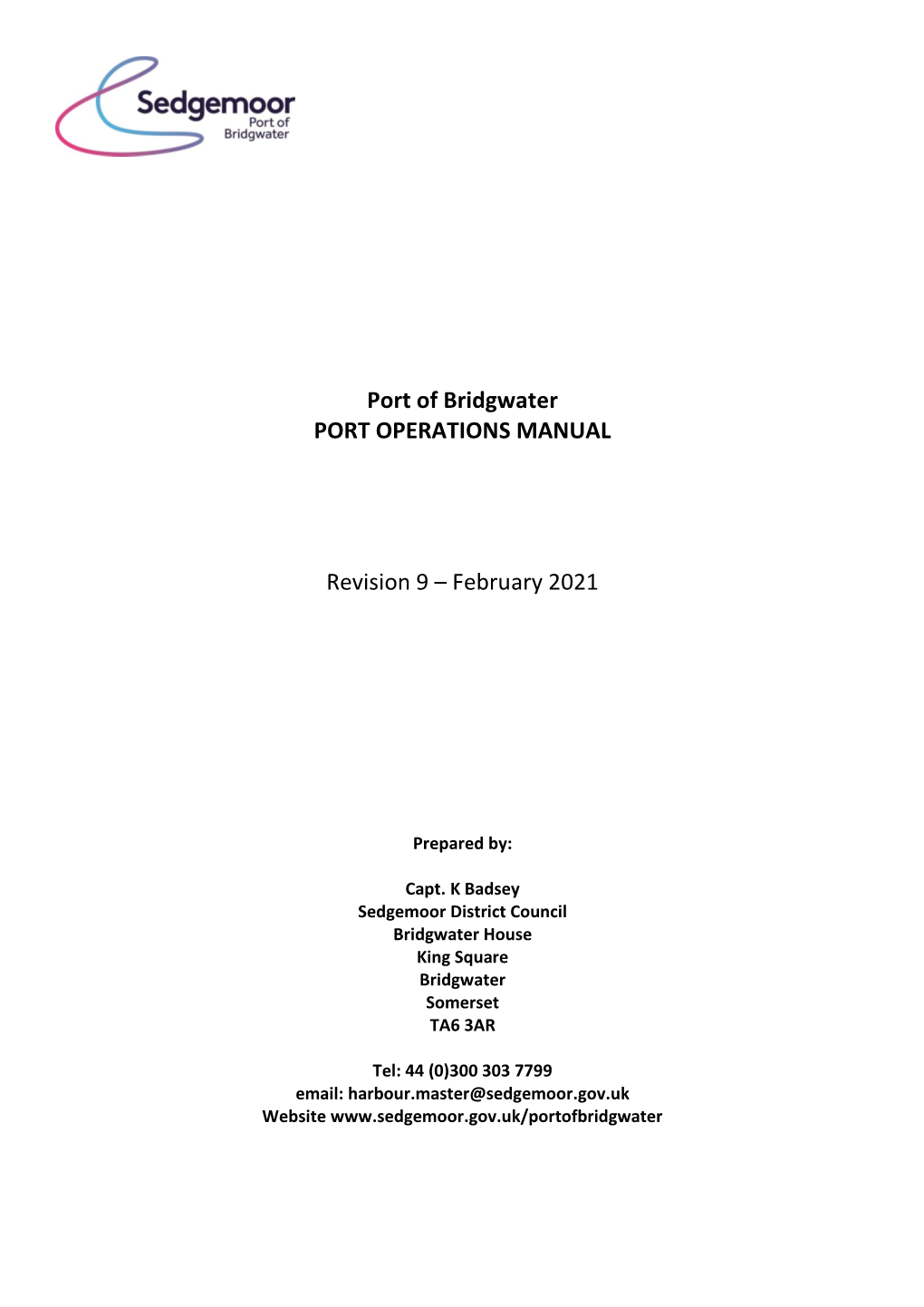 Port of Bridgwater Port Operations Manual Revision 9 February 2021