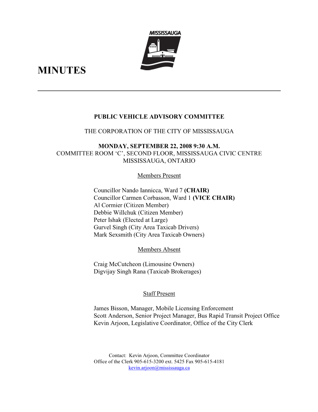 Public Vehicle Advisory Committee Minutes – September 22, 2008