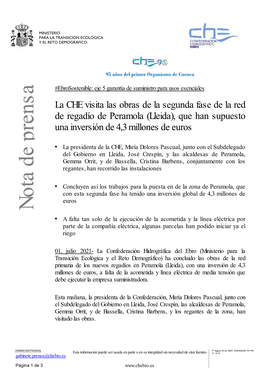 La CHE Visita Las Obras De La Segunda Fase De La Red De Regadío De Peramola (Lleida), Que Han Supuesto Una Inversión De 4,3 Millones De Euros