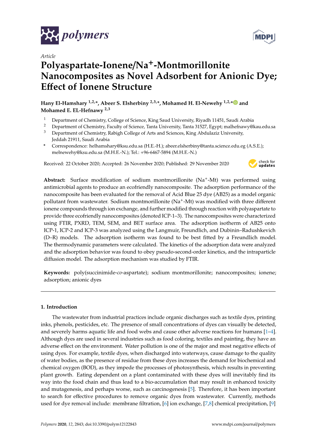 Polyaspartate-Ionene/Na+-Montmorillonite Nanocomposites As Novel Adsorbent for Anionic Dye; Eﬀect of Ionene Structure