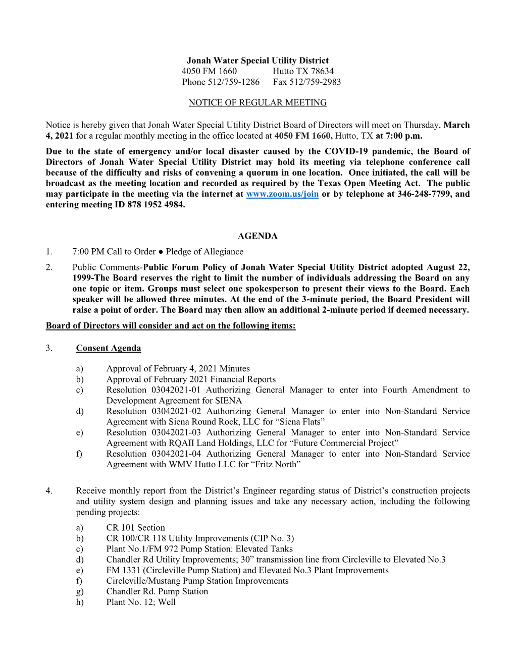 March 4, 2021 BOARD AGENDA