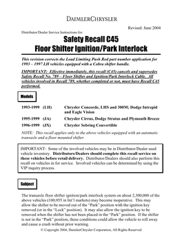 Safety Recall C45 Floor Shifter Ignition/Park Interlock