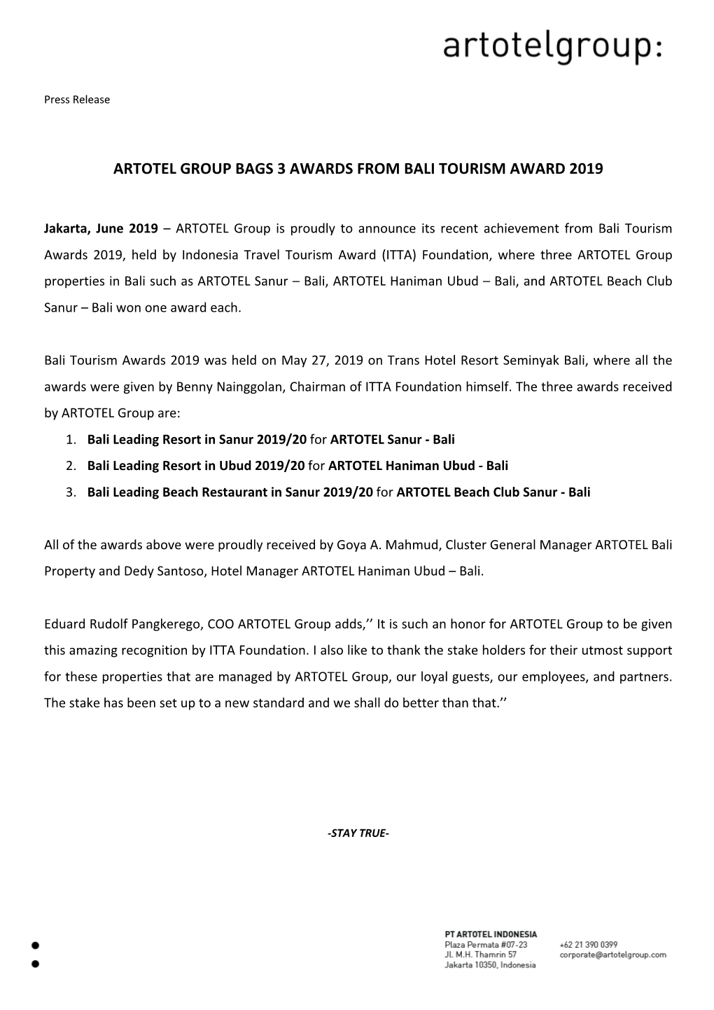 Artotel Group Bags 3 Awards from Bali Tourism Award 2019
