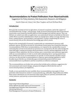 Recommendations to Protect Pollinators from Neonicotinoids