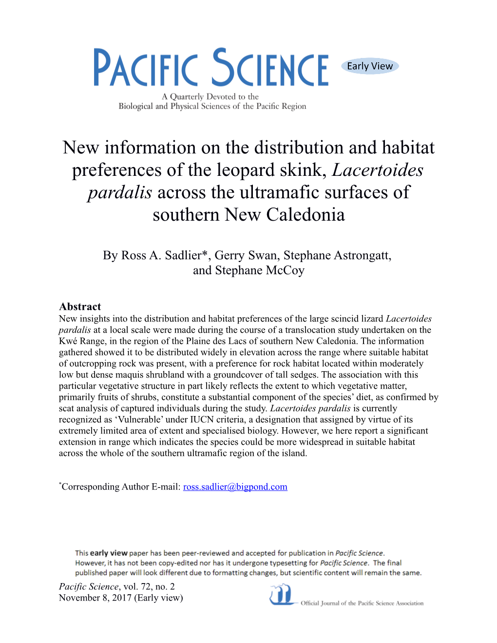 New Information on the Distribution and Habitat Preferences of the Leopard Skink, Lacertoides Pardalis Across the Ultramafic Surfaces of Southern New Caledonia