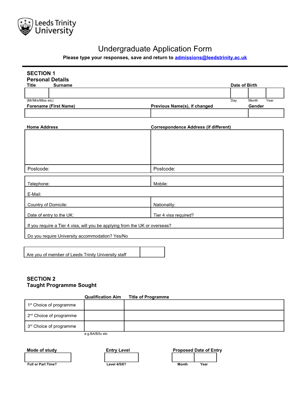 Undergraduate Application Form for International Students