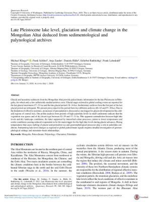 Late Pleistocene Lake Level, Glaciation and Climate Change in the Mongolian Altai Deduced from Sedimentological and Palynological Archives
