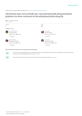 Life History Traits, but Not Body Size, Vary Systematically Along Latitudinal Gradients on Three Continents in the Widespread Yellow Dung ﬂy