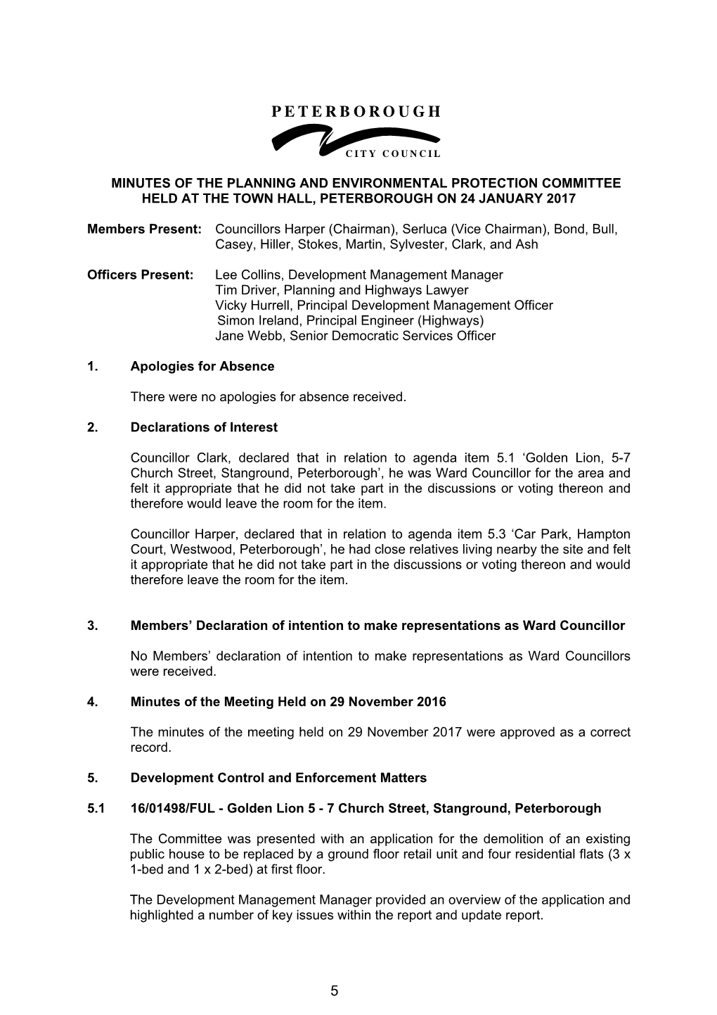 Minutes of the Planning and Environmental Protection Committee Held at the Town Hall, Peterborough on 24 January 2017
