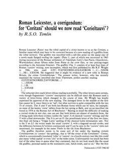 Roman Leicester, a Corrigendum: for 'Coritani' Should We Now Read 'Corieltauvi'1 ?