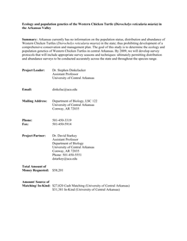 Ecology and Population Genetics of the Western Chicken Turtle ( Dierochelys Reticularia Miaria ) in the Arkansas Valley