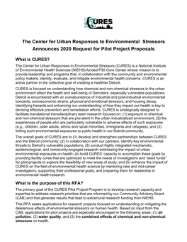 The Center for Urban Responses to Environmental Stressors Announces 2020 Request for Pilot Project Proposals