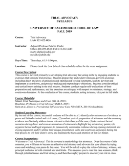 Trial Advocacy Syllabus University of Baltimore School of Law Fall 2019