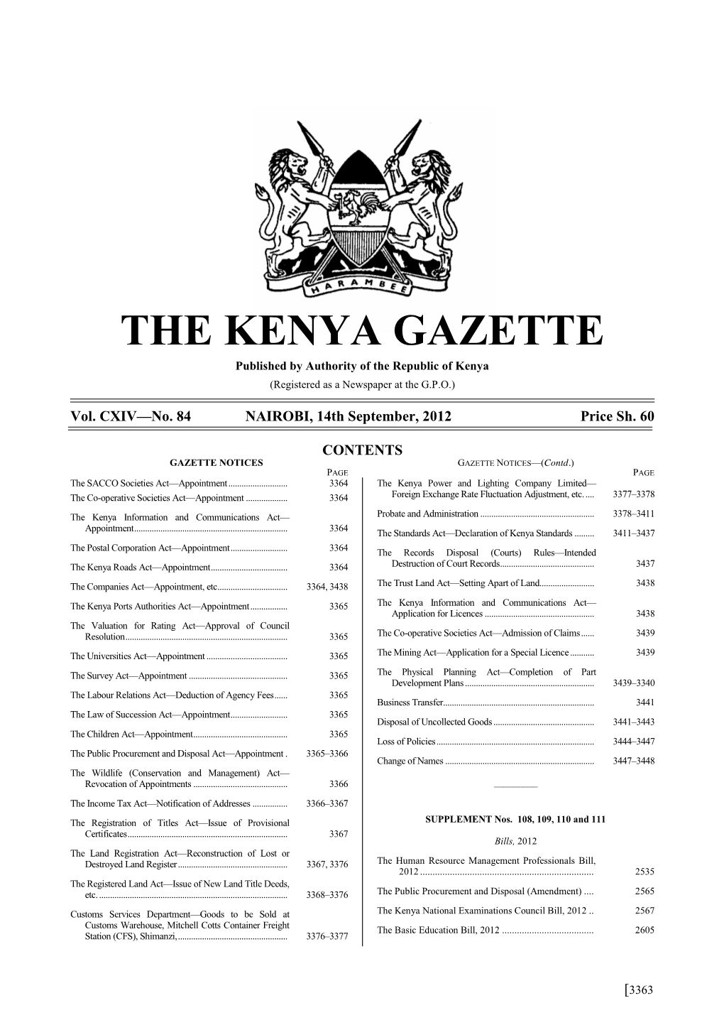 THE KENYA GAZETTE Published by Authority of the Republic of Kenya (Registered As a Newspaper at the G.P.O.)