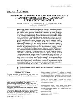 PERSONALITY DISORDERS and the PERSISTENCE of ANXIETY DISORDERS in a NATIONALLY REPRESENTATIVE SAMPLE ∗ Andrew E