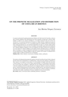 On the Phonetic Realization and Distribution of Costa Rican Rhotics