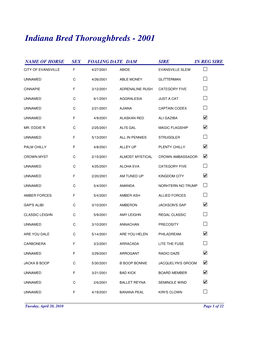 2001 Indiana Thoroughbred Foals