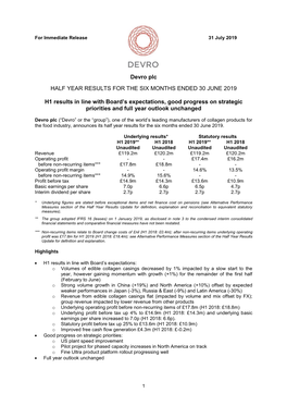 Devro Plc HALF YEAR RESULTS for the SIX MONTHS ENDED 30 JUNE 2019
