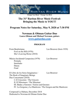 Program Notes for Saturday, May 9, 2020 at 7:30 PM Newman
