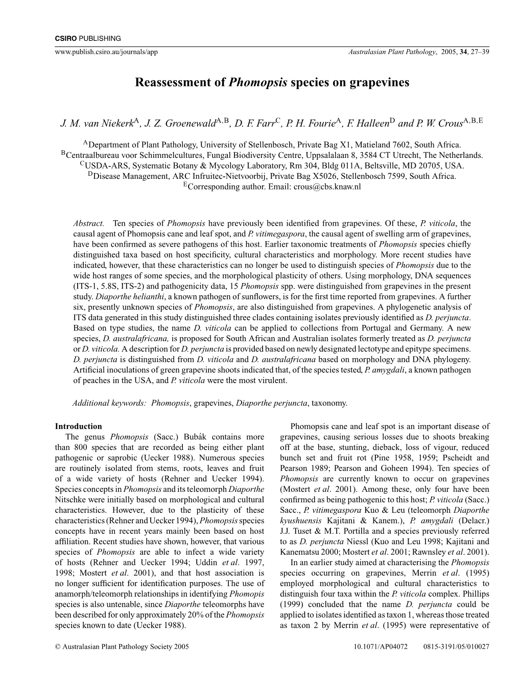 Reassessment of Phomopsis Species on Grapevines