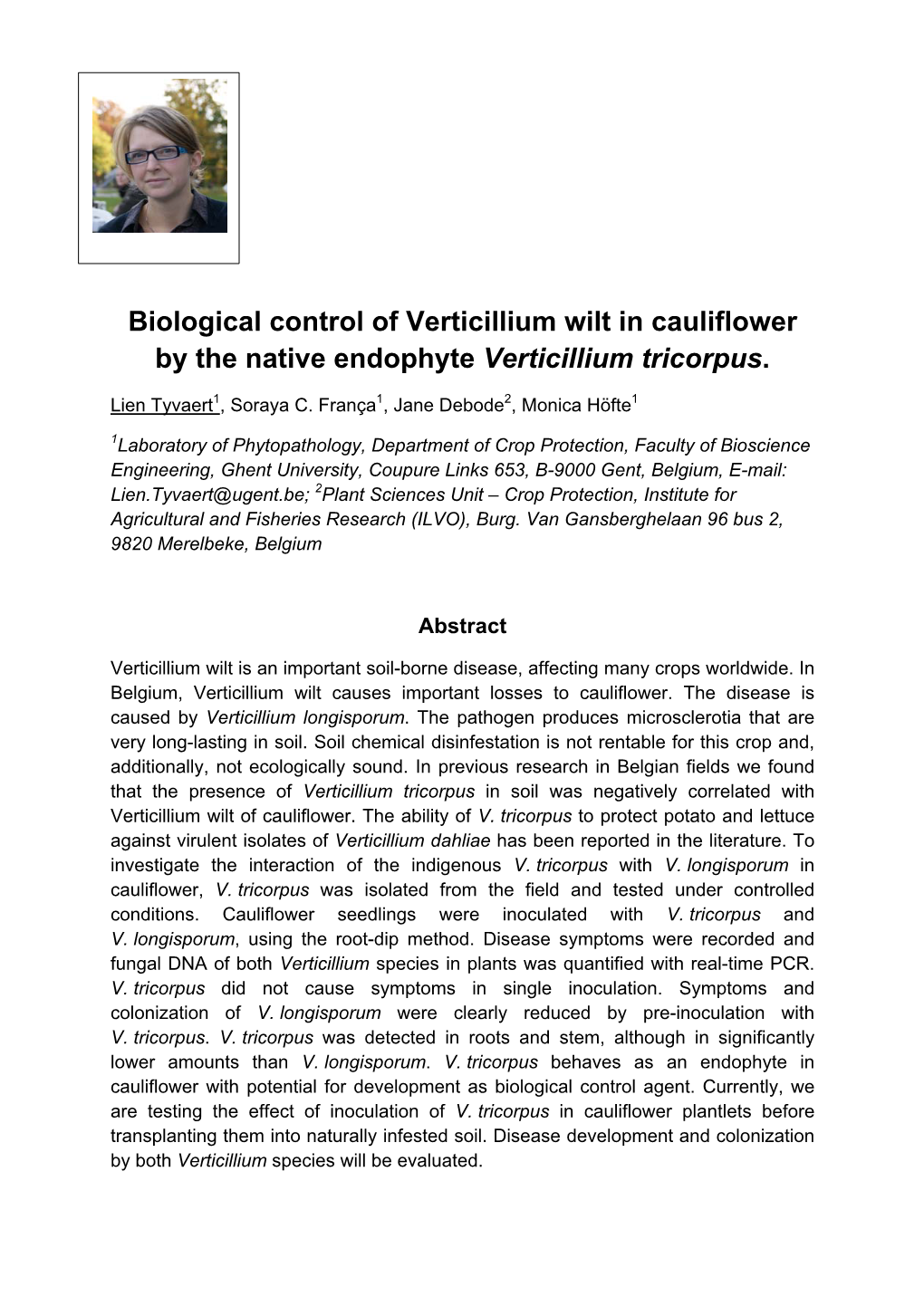 Biological Control of Verticillium Wilt in Cauliflower by the Native Endophyte Verticillium Tricorpus