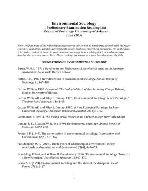 Environmental Sociology Preliminary Examination Reading List School of Sociology, University of Arizona June 2014