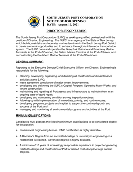 SOUTH JERSEY PORT CORPORATION NOTICE of JOB OPENING DATE: August 10, 2021 DIRECTOR, ENGINEERING
