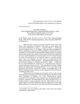 Review Article: What Did Roosevelt and Churchill Really Aim to Achieve for Poland at Yalta? Was Yalta the Price of Peace?