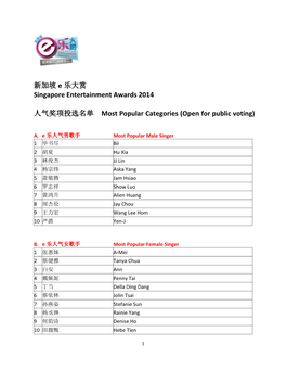 新加坡e 乐大赏singapore Entertainment Awards 2014 人气奖项投选