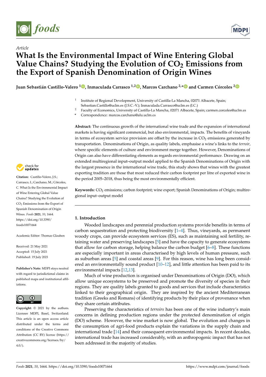 What Is the Environmental Impact of Wine Entering Global Value Chains? Studying the Evolution of CO2 Emissions from the Export of Spanish Denomination of Origin Wines