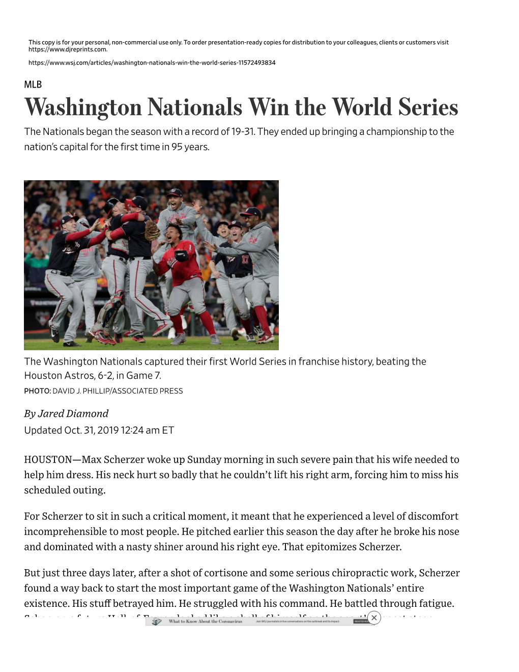 Washington Nationals Win the World Series the Nationals Began the Season with a Record of 19-31