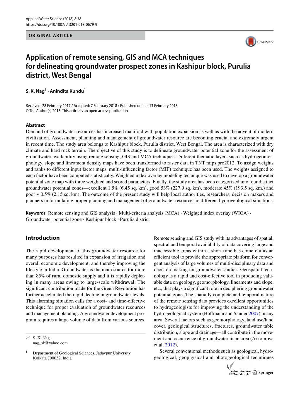 Application of Remote Sensing, GIS and MCA Techniques for Delineating Groundwater Prospect Zones in Kashipur Block, Purulia District, West Bengal