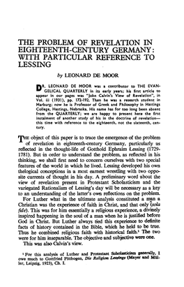 THE PROBLEM of REVELATION in EIGHTEENTH-CENTURY GERMANY: with PARTICULAR REFERENCE to LESSING by LEONARD DE MOOR