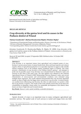 Crop Diversity at the Gmina Level and Its Causes in the Podlasie District of Poland