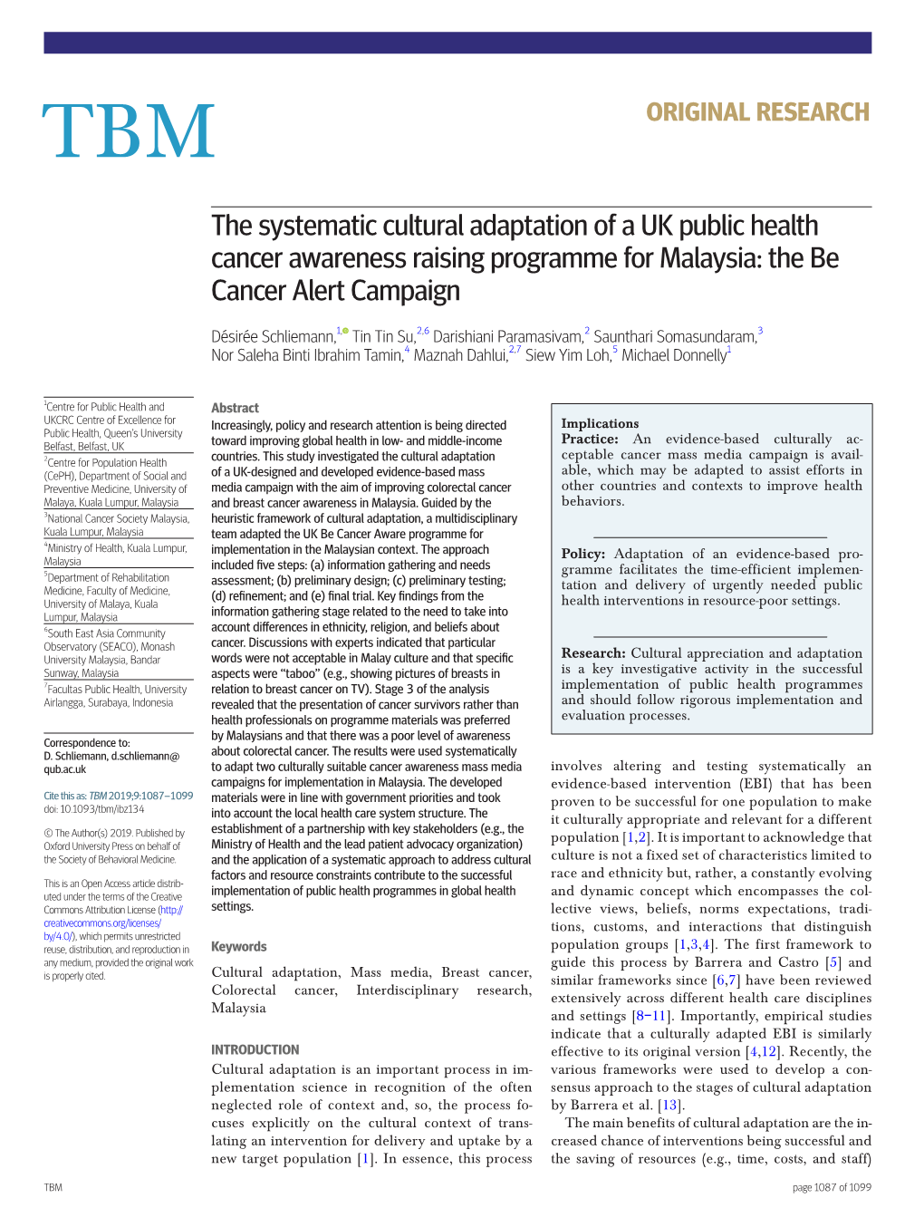 The Systematic Cultural Adaptation of a UK Public Health Cancer Awareness Raising Programme for Malaysia: the Be Cancer Alert Campaign