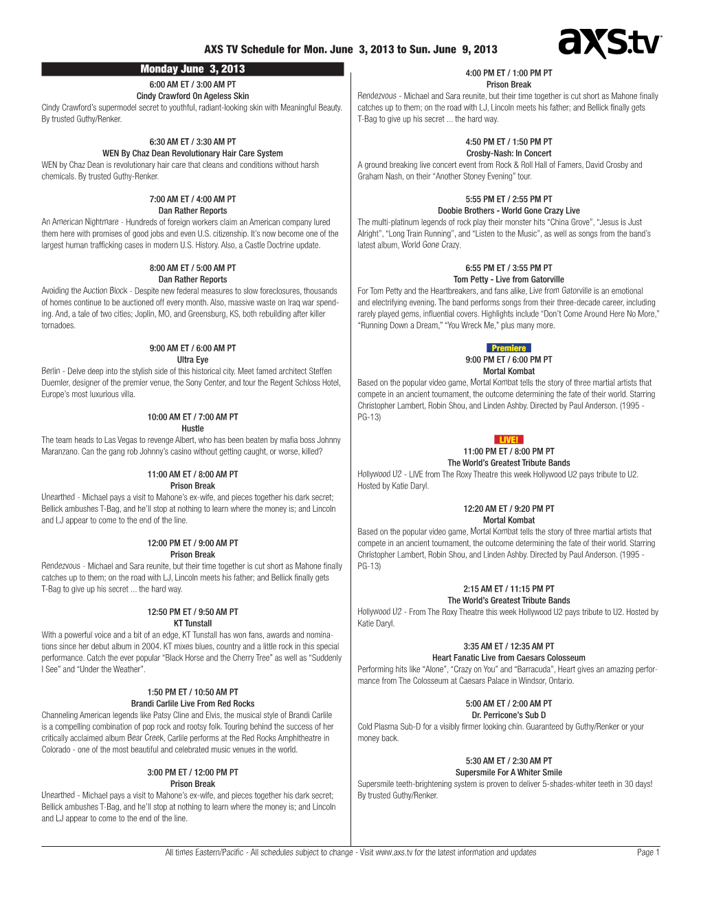 AXS TV Schedule for Mon. June 3, 2013 to Sun. June 9, 2013 Monday