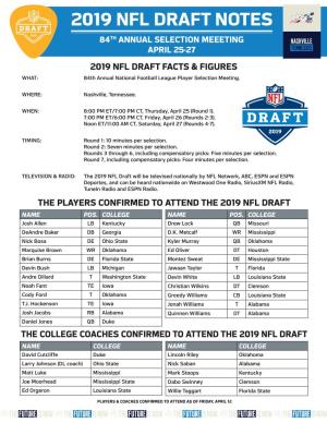 2019 NFL DRAFT NOTES 84TH ANNUAL SELECTION MEEETING APRIL 25-27 2019 NFL DRAFT FACTS & FIGURES WHAT: 84Th Annual National Football League Player Selection Meeting