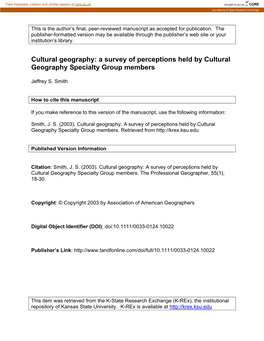 Cultural Geography: a Survey of Perceptions Held by Cultural Geography Specialty Group Members