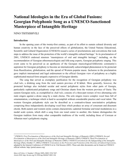 Ational Ideologies in the Era of Global Fusions: Georgian Polyphonic Song As a U�ESCO�Sanctioned Masterpiece of Intangible Heritage