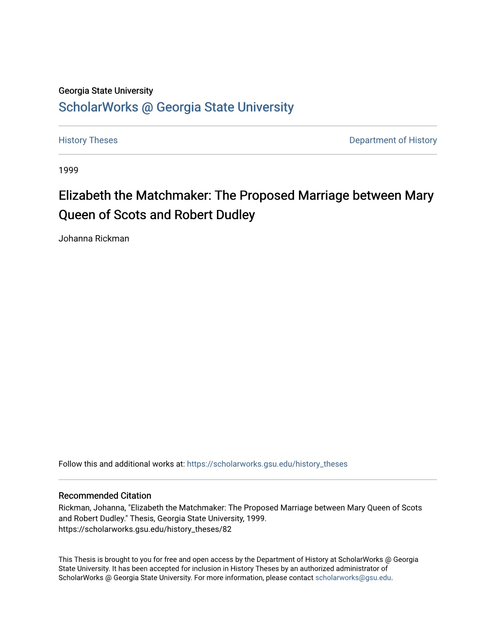 The Proposed Marriage Between Mary Queen of Scots and Robert Dudley