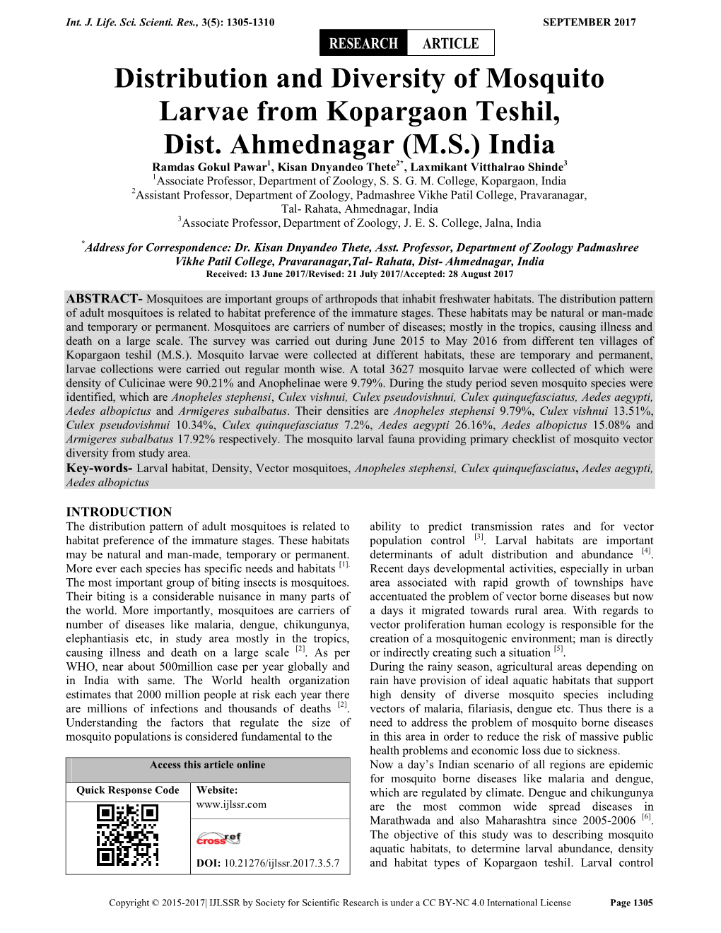 Distribution and Diversity of Mosquito Larvae from Kopargaon Teshil, Dist