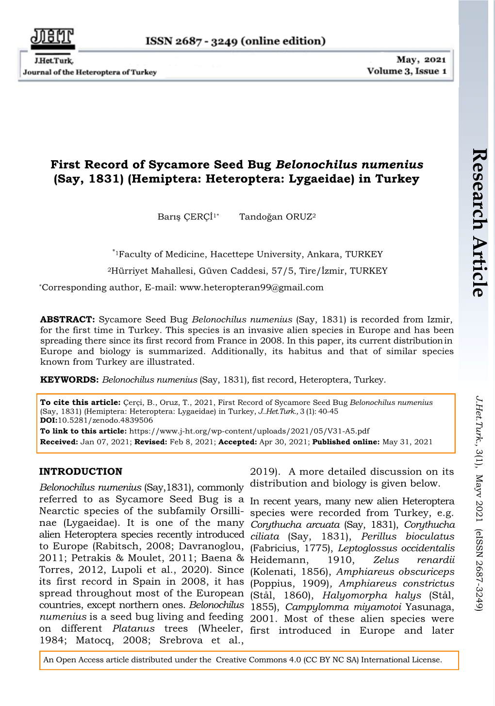 Research Article First Record of Sycamore Seed Bug Belonochilus Numenius (Say, 1831) (Hemiptera: Heteroptera: Lygaeidae) in Turkey