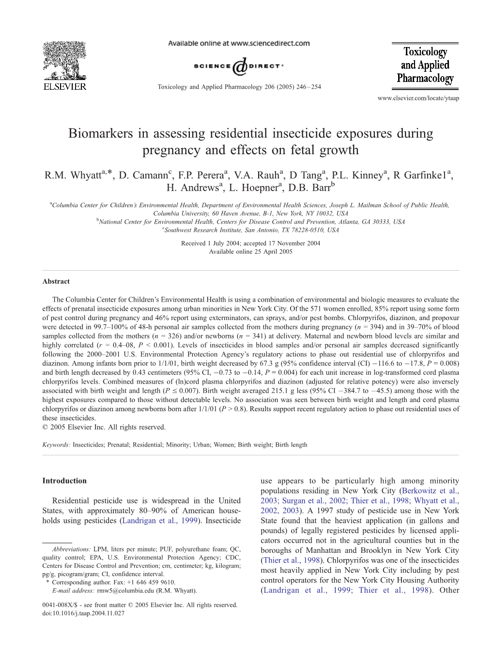 Biomarkers in Assessing Residential Insecticide Exposures During Pregnancy and Effects on Fetal Growth