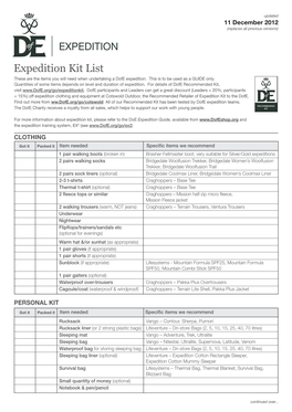 Doe Expedition Kit List