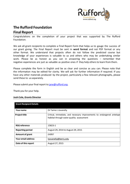 The Rufford Foundation Final Report Congratulations on the Completion of Your Project That Was Supported by the Rufford Foundation