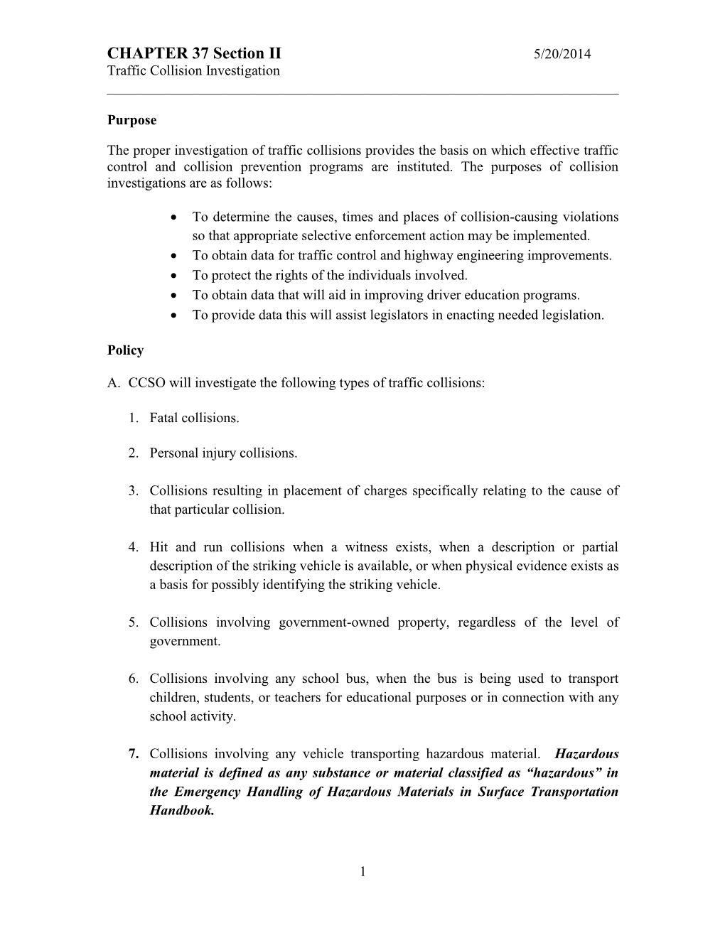 Chapter 37 Section II Traffic Collision Investigation 5/20/2014